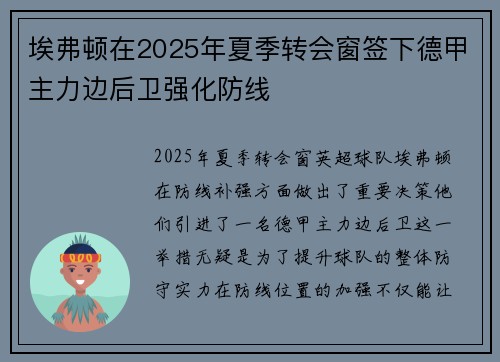 埃弗顿在2025年夏季转会窗签下德甲主力边后卫强化防线