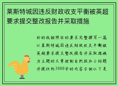 莱斯特城因违反财政收支平衡被英超要求提交整改报告并采取措施