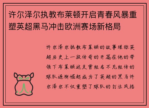 许尔泽尔执教布莱顿开启青春风暴重塑英超黑马冲击欧洲赛场新格局