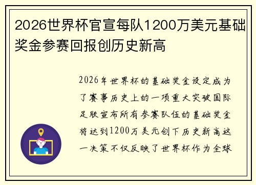 2026世界杯官宣每队1200万美元基础奖金参赛回报创历史新高